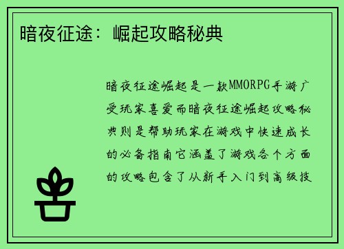 暗夜征途：崛起攻略秘典
