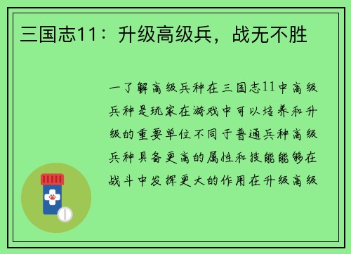 三国志11：升级高级兵，战无不胜