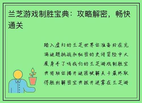 兰芝游戏制胜宝典：攻略解密，畅快通关