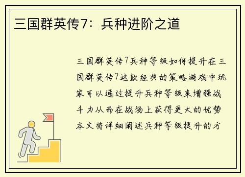 三国群英传7：兵种进阶之道